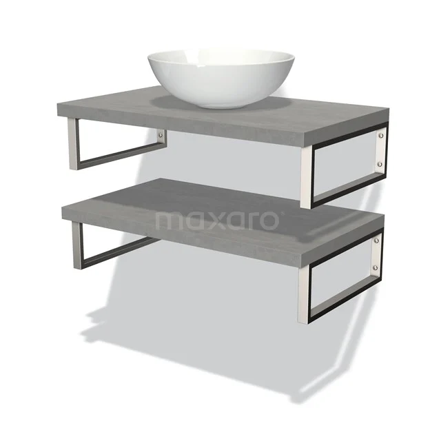 Graues Doppelwaschbecken mit modernem Design, Metallrahmen und weißer Keramikkelle für stilvolle Badezimmergestaltung.