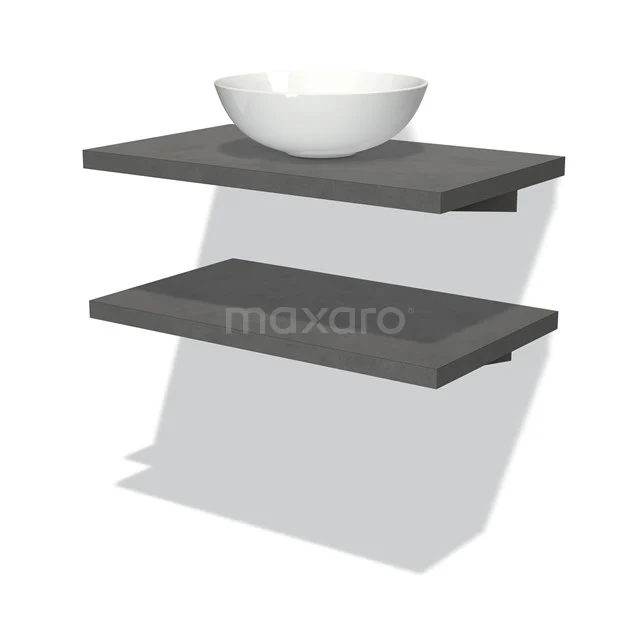 Dunkelgrau Badmöbel mit Holzregalen und einem weißen Aufsatzwaschbecken, schlankes und modernes Design für ein stilvolles Badezimmer.