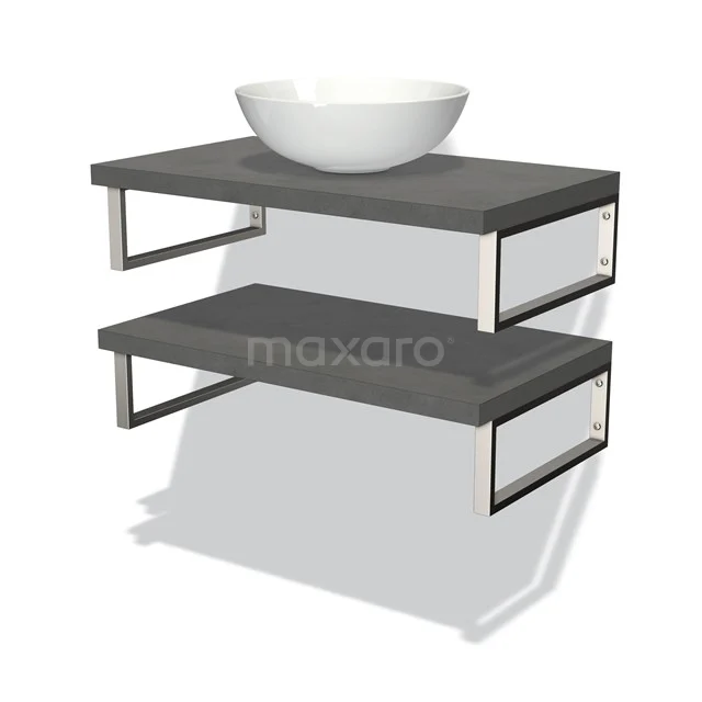 Graue Holz-Badezimmerregalset mit Metallrahmen und weißem Aufsatzwaschbecken, moderne Aufbewahrungslösung für das Badezimmer.