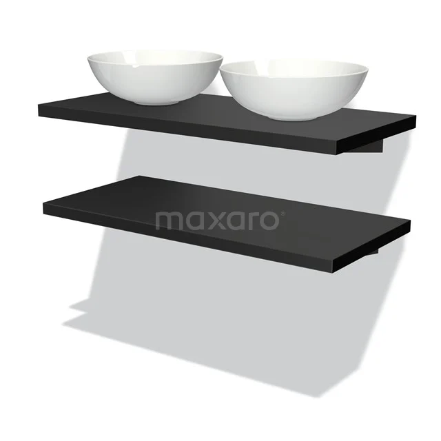 Badmöbel mit Konsole 100 cm Modulo Plato Matt Schwarz 2 Waschtischplatten BMK06-00057 Schwarzes schwebendes Waschtischbordset mit klaren Linien, einschließlich zwei weißen Aufsatzwaschbecken, ideal für ein modernes Badezimmer.