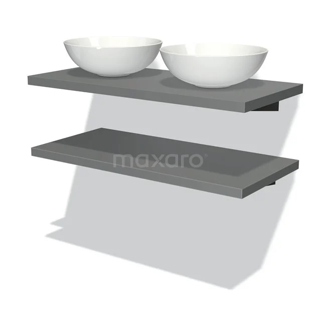 Graue schwebende Badezimmerregalset aus Holz mit klarer Formgebung, ideal für moderne Waschbeckenanordnungen.