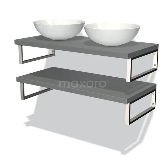 Badmöbel für Waschtischunterschrank mit Konsole 100 cm Modulo Plato Mittelgrau 2 Aufsatzwaschbeckenplatten BMK06-00060 Graue Wandregalset für das Badezimmer mit zwei weißen keramischen Waschbecken, modernes Design und metallische Tragkonstruktion.