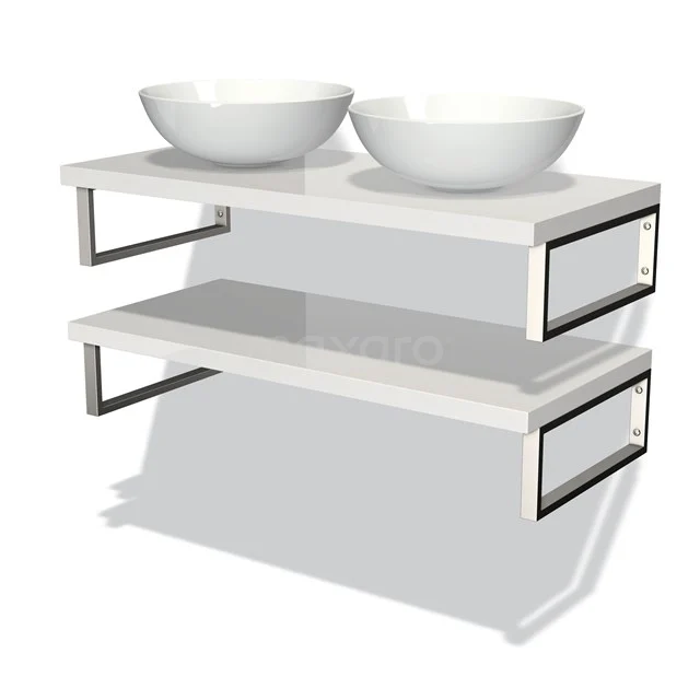 Weißes Doppelwaschbecken mit zwei runden Aufsatzwaschbecken, minimalistisches Design und matt schwarzem Rahmen, perfekt für moderne Bäder.