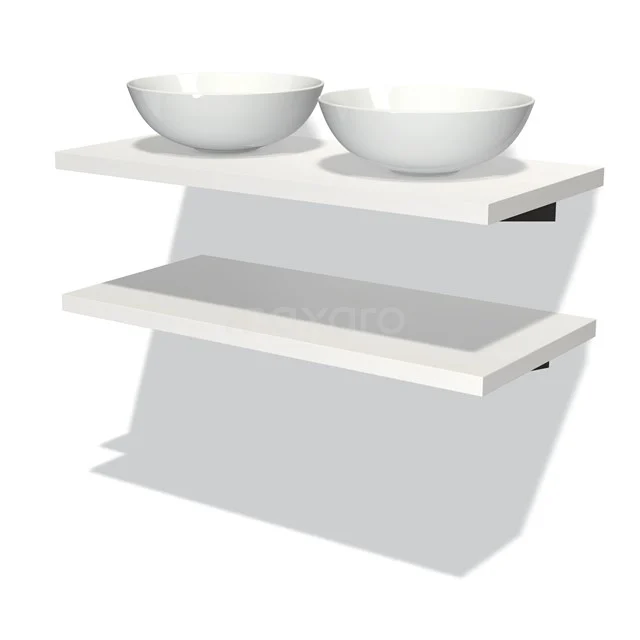 Weißes Badmöbel mit zwei Waschbecken, modernes Design, ausgeführt in glänzendem Material, geeignet für stilvolle Bäder.