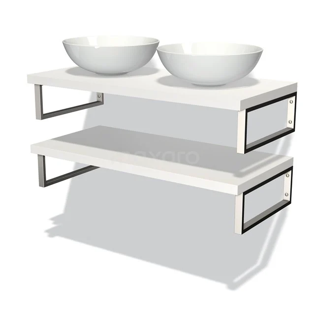 Weiße Doppelwaschbecken mit modernem Design, ausgestattet mit schwarzen Metallakzenten, perfekt für eine stilvolle Badezimmergestaltung.