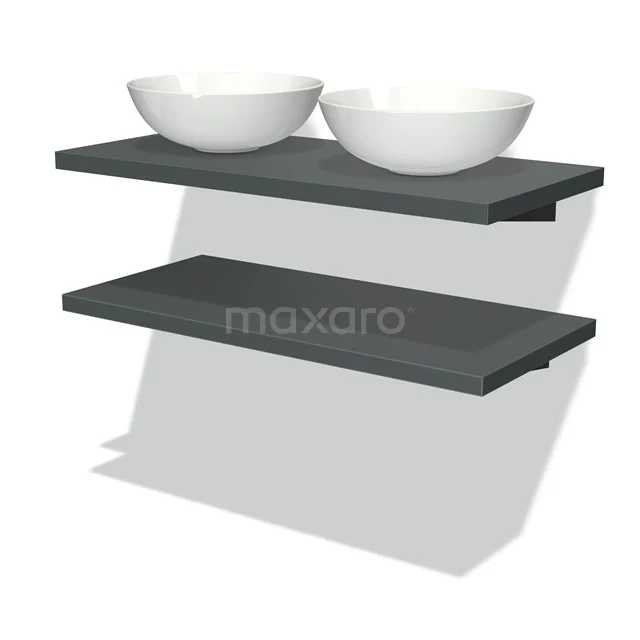 Graue Holz-Badezimmerplatte mit zwei weißen keramischen Aufsatzwaschbecken, elegantes Design, ideal für moderne Badezimmergestaltungen.