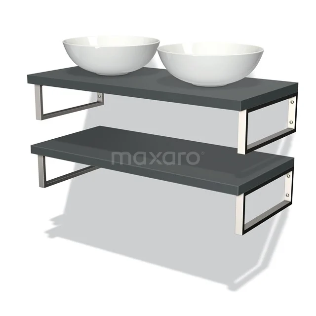 Badmöbel für Aufsatzwaschbecken 100 cm Modulo Plato Dunkelgrau 2 Waschtischplatten BMK06-00066 Moderne graue Doppelwaschbecken mit weißen Keramikkaminen, metallischen Stützen und zwei Regalebenen, ideal für ein stilvolles Badezimmer.