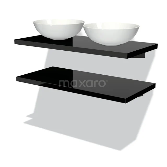 Schwarzes, schwebendes Badezimmerregalset aus Hochglanzholz mit weißen Doppelwaschbecken, stilvolles und modernes Design.