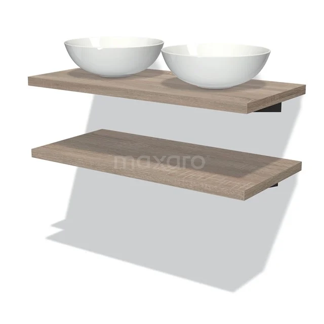 Holz-Badezimmerregal mit zwei Ebenen, einschließlich keramischer Waschbecken; schlankes, modernes Design für praktische Badezimmerlagerung.