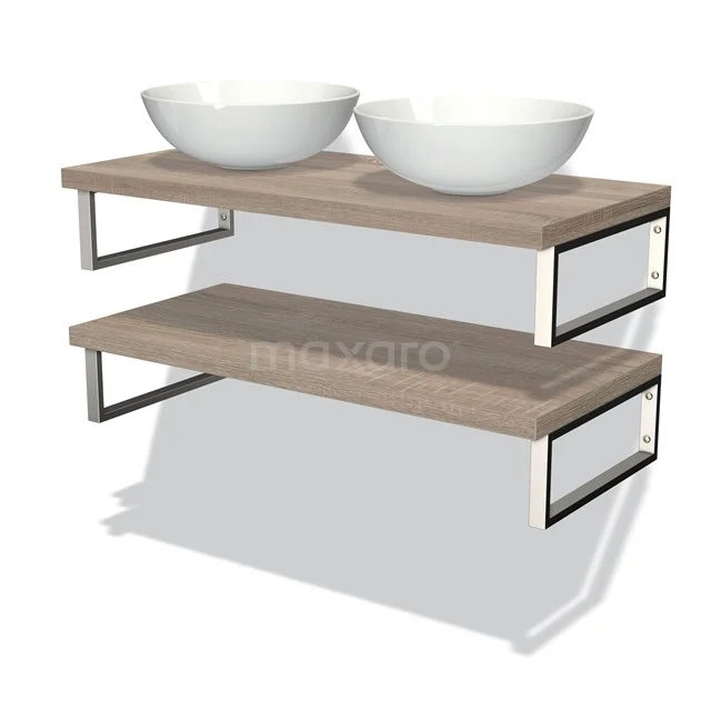 Zwei Holz-Waschtischborde mit Metallbügel und weißen Aufsatzwaschbecken, minimalistisches Badezimmerdesign für Stauraum und Stil.