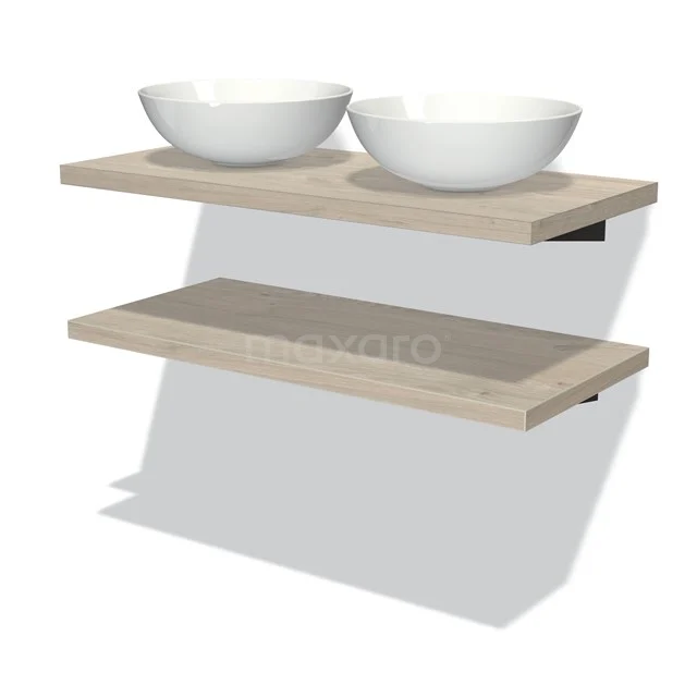 Hölzerne Badezimmerplatte mit zwei weißen Aufsatzwaschbecken, modernes Design, schwebend montiert, ideal für eine stilvolle Waschbeckenanordnung.