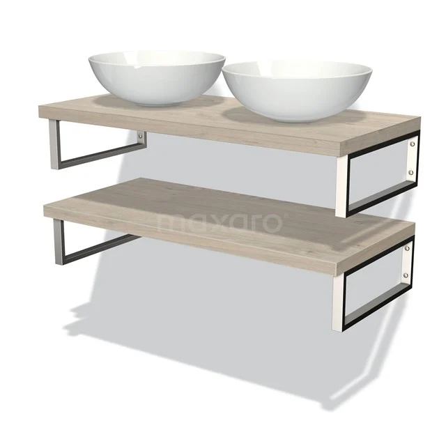 Holz-Badmöbel mit zwei weißen Aufsatzwaschbecken, metallischen Stützen und modernem Design, ideal für eine stilvolle Badezimmer Einrichtung.