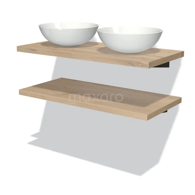 Zwevende Eichenholz Badezimmerplatte mit zwei Waschbecken, klarer Gestaltung und natürlicher Ausstrahlung für moderne Bäder.