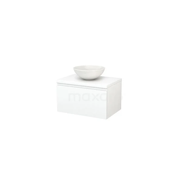 Modulo+ Plato Vanity units for countertop basin | 70 cm Matte white Handle-less front Matte white worktop 1 drawer BMK001132 White bathroom unit with glossy finish and built-in countertop wash basin, perfect for modern bathrooms.