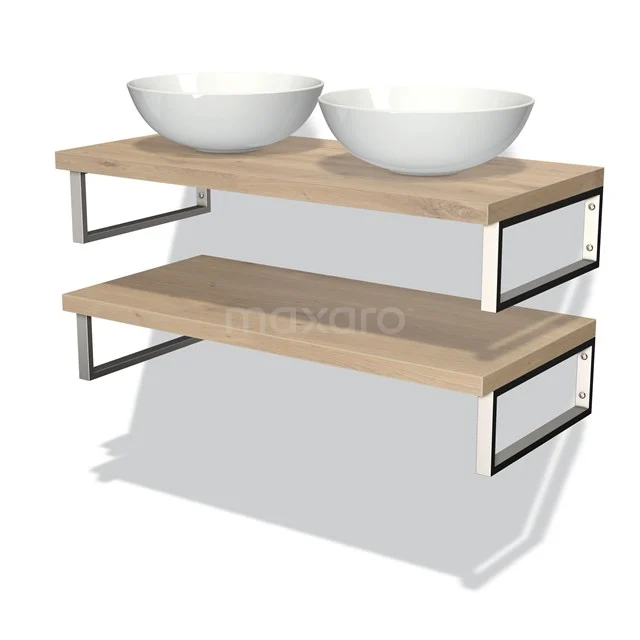 Badmöbel mit doppeltem Holzregal, weißen Keramikkommen und Metallstützen, modernes und elegantes Design.