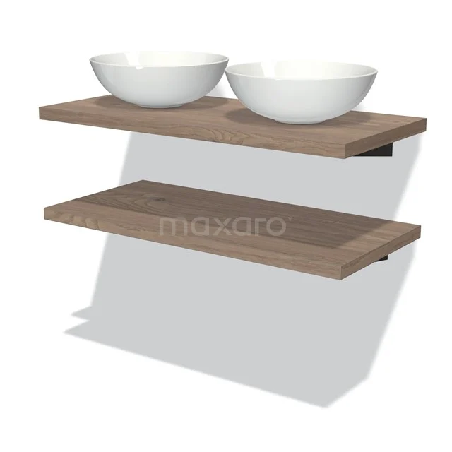 Badmöbel mit Konsole 100 cm Modulo Plato Mittelbraune Eiche 2 Waschtischplatten BMK06-00075 Eichenholz-Waschtischplatte mit natürlicher Oberflächenbehandlung, ausgestattet mit zwei keramischen Aufsatzwaschbecken, perfekt für ein modernes Badezimmer.