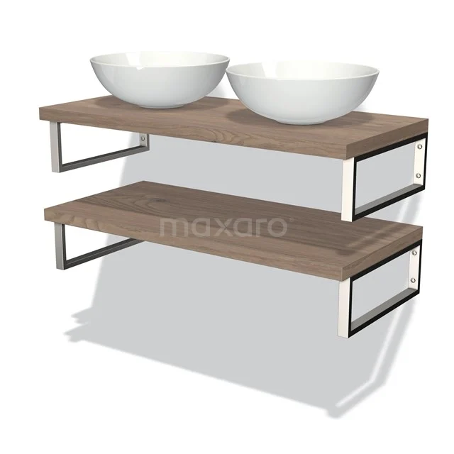 Zwevend Badmöbel mit doppelten weißen Aufsatzwaschbecken, Holzregalen und Metallhaltern für einen modernen Stil.