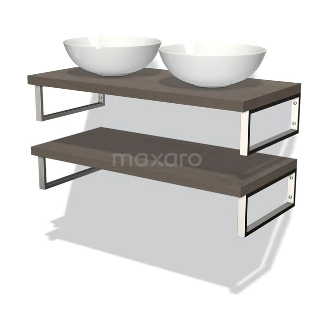 Badmöbel mit Konsole 100 cm Modulo Plato dunkelbraune Eiche 2 Waschtischplatten BMK06-00078 Doppelwaschbecken auf Holzregal mit Metallstützen, modernes Badmöbel, dunkles Holz, einschließlich weißer Aufsatzwaschbecken.