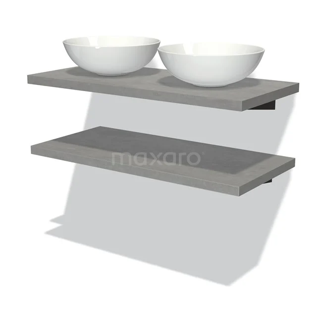 Graues hängendes Waschtischboard mit zwei weißen Aufsatzwaschbecken, modernes Design, ideal für stilvolle Badezimmerlagerung.