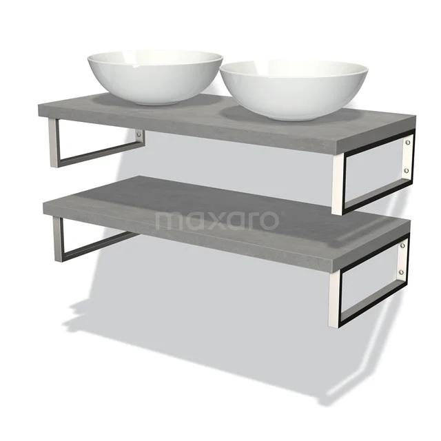 Doppelte graue Waschbecken mit zwei weißen Schalen, modernes Design, ideal als stilvolle Badezimmerlösung.