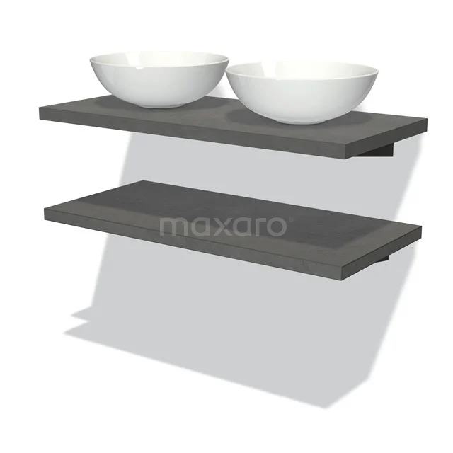 Badmöbel für Aufsatzwaschbecken 100 cm Modulo Plato Dunkelgrauer Beton 2 Waschtischplatten BMK06-00083 Dunkelgraue Badezimmerregalset aus Holz mit modernem Aussehen, einschließlich zwei weißen Aufsatzwaschbecken.