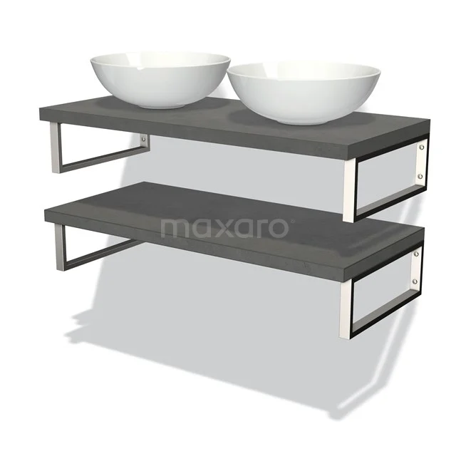 Graues Holz Doppelwaschbeckenplatte-Set mit weißen Schalen, modernes offenes Design, ideal für eine stilvolle Badezimmer Einrichtung.