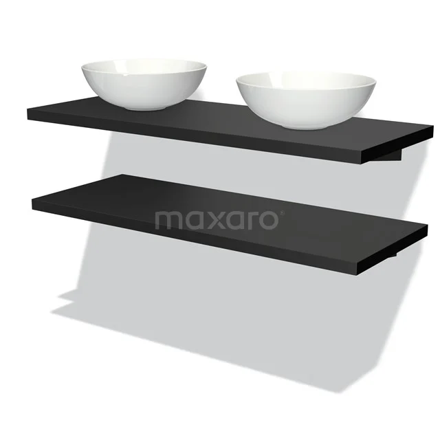 Zweites Schwarz Badmöbel mit doppeltem weißen Aufsatzwaschbecken, modernes Design aus Holz, geeignet für stilvolle Bäder.