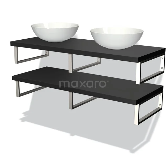 Zweites Badezimmermöbel Schwarz Holz, doppelte Aufsatzwaschbecken aus Keramik, modernes Design mit Chromakzenten.
