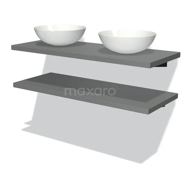 Graue schwebende Waschtischboard mit doppelten weißen Aufsatzwaschbecken, modernes Design, ideale Badezimmerlagerlösung.