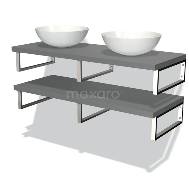 Doppelwaschbecken mit mattschwarzer Holzplatte, Metallrahmen und weißen Aufsatzwaschbecken, ideal für ein modernes Badezimmer.