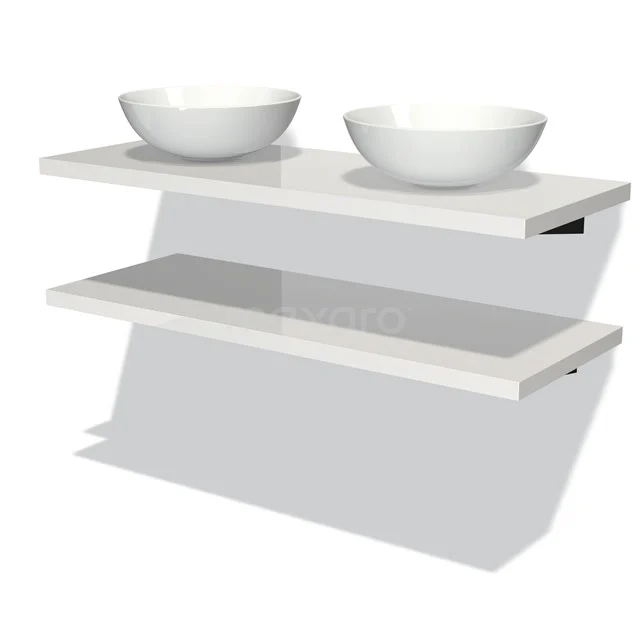 Weiße schwebende Waschtischset mit doppelten runden Aufsatzwaschbecken, modernes Design und Glasregal für eleganten Badezimmerstil.