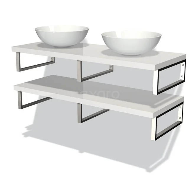 Weißes Doppelwaschtischplatte mit schwarzen Metallelementen, einschließlich zwei runden Aufsatzwaschbecken, ideal für moderne Badezimmergestaltung.