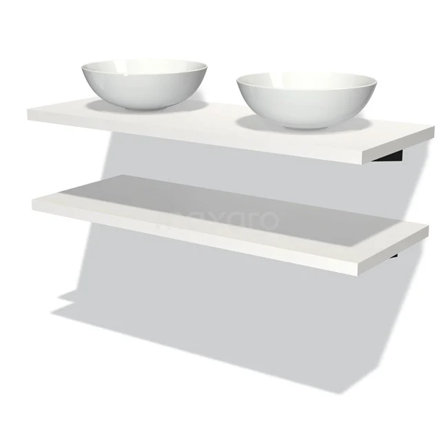 Wandmontierte weiße Badmöbelset mit zwei ovalen Aufsatzwaschbecken, schlankem Design und modernem Badezimmerregalsystem.