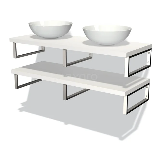 Weißes Badezimmermöbel mit doppelten komförmigen Aufsatzwaschbecken, schwarzen Metallhaltern und offenem Regal, modernes Design.