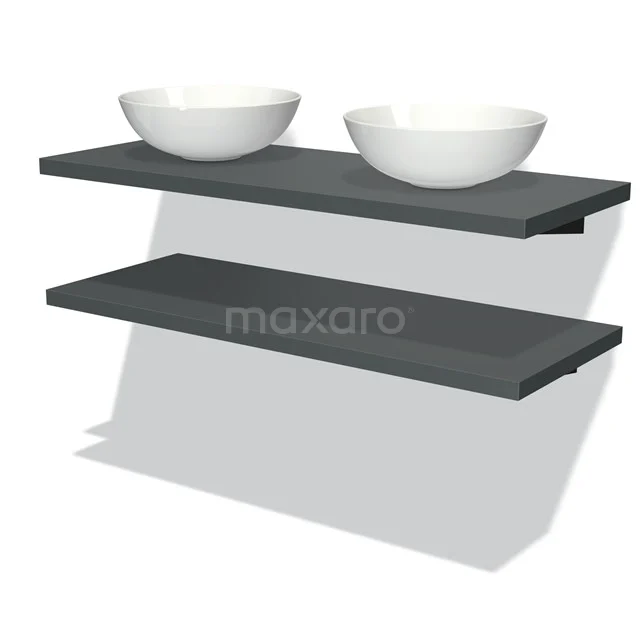 Zwevende Waschtischborde in antrazit Holzoptik mit doppelten weißen Aufsatzwaschbecken, ideale moderne Ergänzung für jedes Badezimmer.