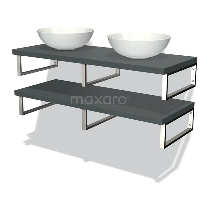 Zweites Waschbeckenmöbelset mit doppelten weißen komförmigen Aufsatzwaschbecken, Dunkelgrau Platte und metallischen Details. Perfekt für moderne Bäder.