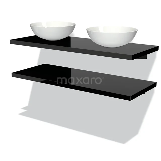 Schwarzes Glas Badezimmerregal mit zwei weißen Waschbecken, modernes Design und schwebenden Regalen.