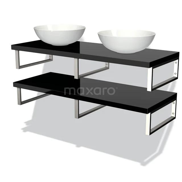 Schwarzes Waschtischset mit zwei weißen runden Aufsatzwaschbecken, Chromdetails und schwebendem Design für ein modernes Badezimmer.