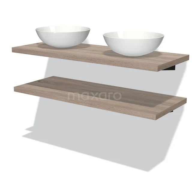 Badezimmerregalset Holzoptik mit Metallhaltern, einschließlich zwei weißen Aufsatzwaschbecken geeignet für stilvolle, moderne Interieurs.