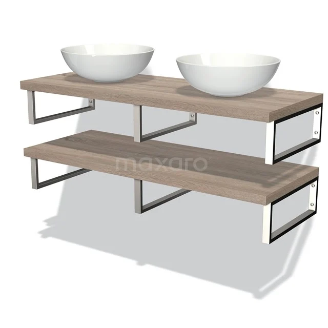 Hölzernes Badezimmermöbelset mit zwei weißen Waschbecken, schwarzen Metallrahmen und doppeltem Regal im modernen Design.