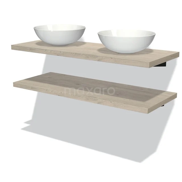 Badmöbel für Aufsatzwaschbecken 120 cm Modulo Plato Hellgraue Eiche 2 Waschtischplatten BMK06-00099 Holz Badezimmermöbel mit doppelten Aufsatzwaschbecken, schwebendes Design, hell Eiche, ideal für stilvolle Badezimmergestaltung.