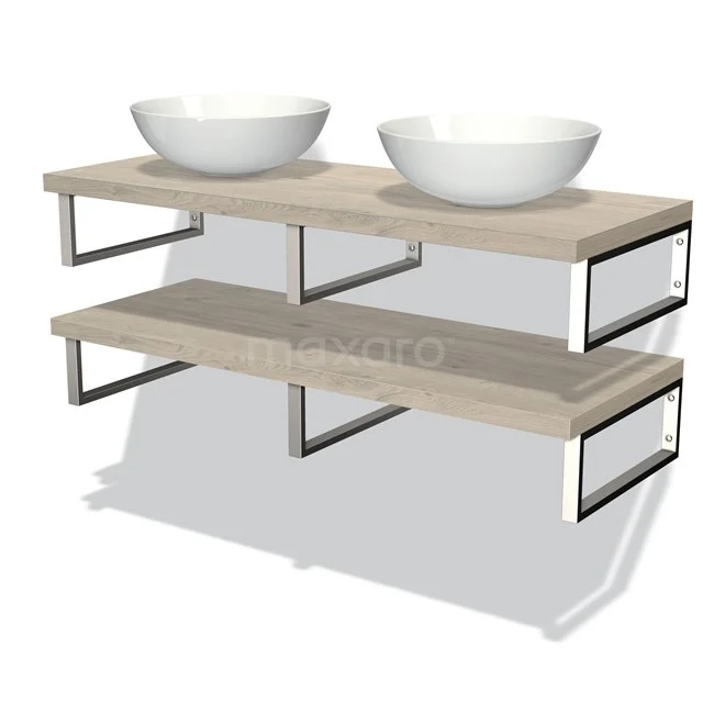 Doppelwaschtisch aus Holz mit zwei runden weißen Aufsatzwaschbecken, Metallrahmen; modernes Badezimmerdesign.