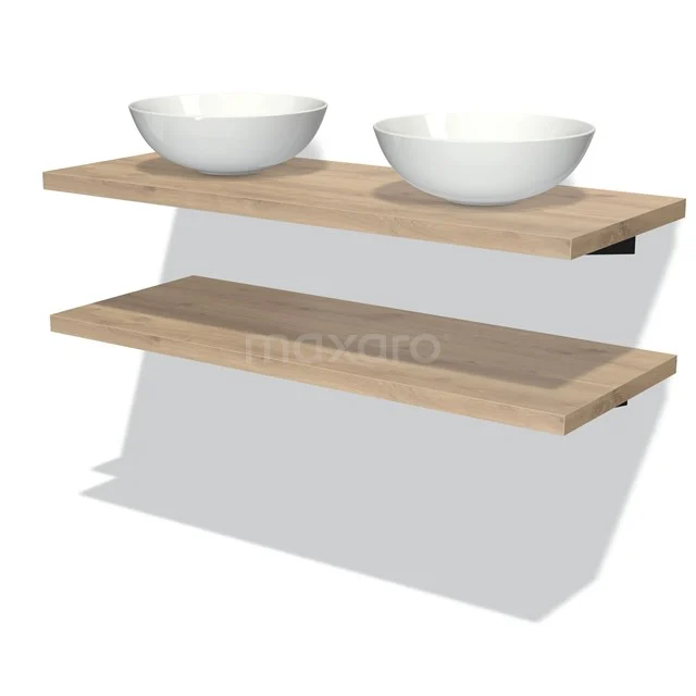 Waschtischplatten-Set Holz mit zwei weißen keramischen Aufsatzwaschbecken, ideal für ein modernes Badezimmer.