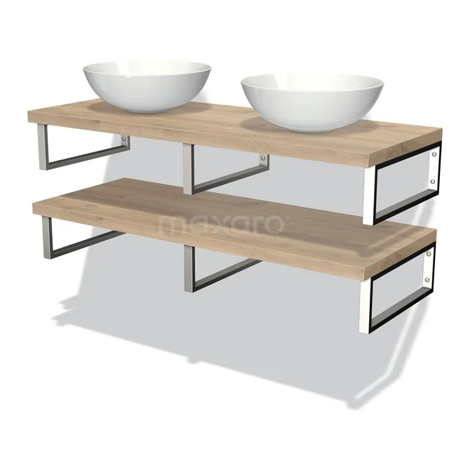 Hölzernes Waschtisch mit zwei weißen schalenförmigen Waschbecken, Metallrahmen; stilvolles Badmöbel für moderne Einrichtung.