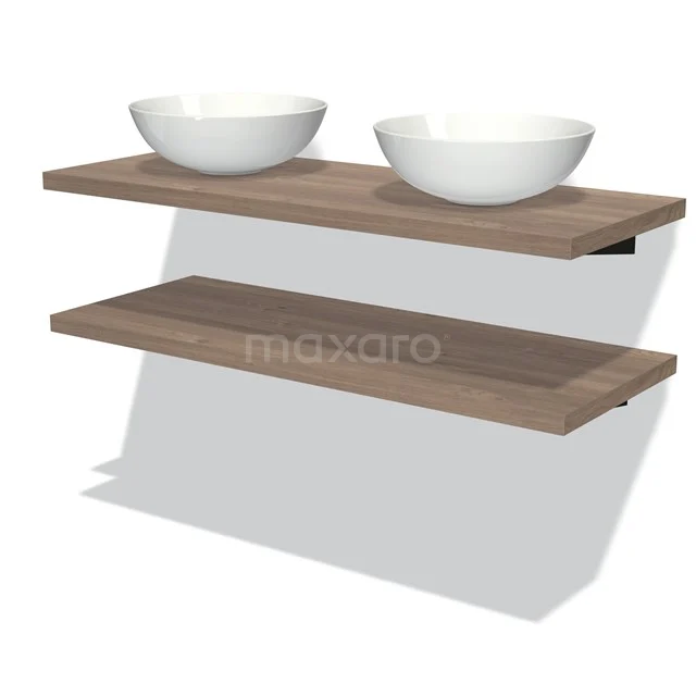 Holz Badezimmerregale mit schwebendem Design und doppelten weißen Aufsatzwaschbecken, ideal für moderne Badezimmer.