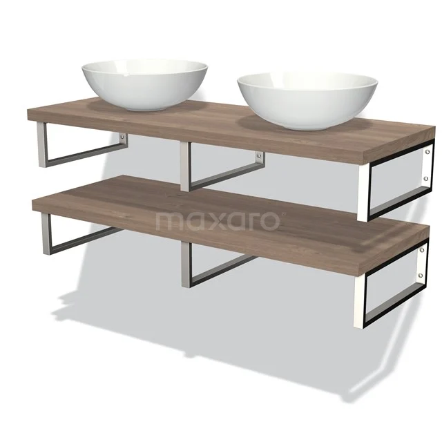 Holz Badezimmermöbel mit zwei weißen Aufsatzwaschbecken, Metallrahmen und doppeltem Regal für eine moderne Badezimmergestaltung.