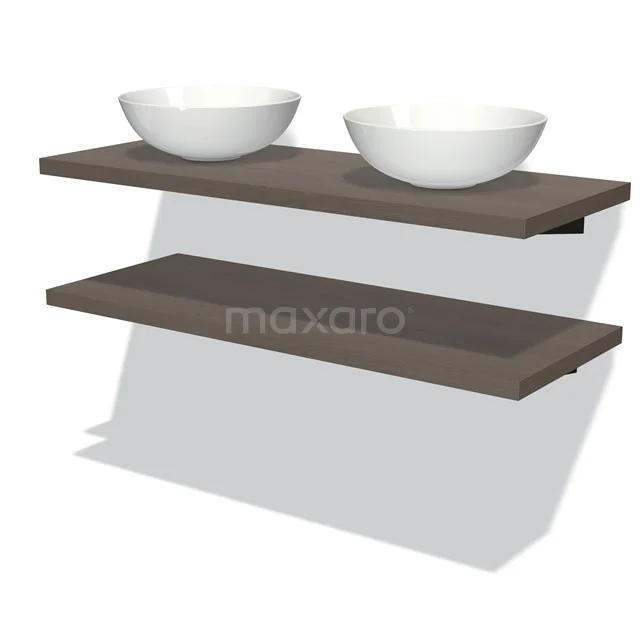 Donker houten badkamerplank met twee witte waskommen, strak design, ideaal voor moderne badkamers.