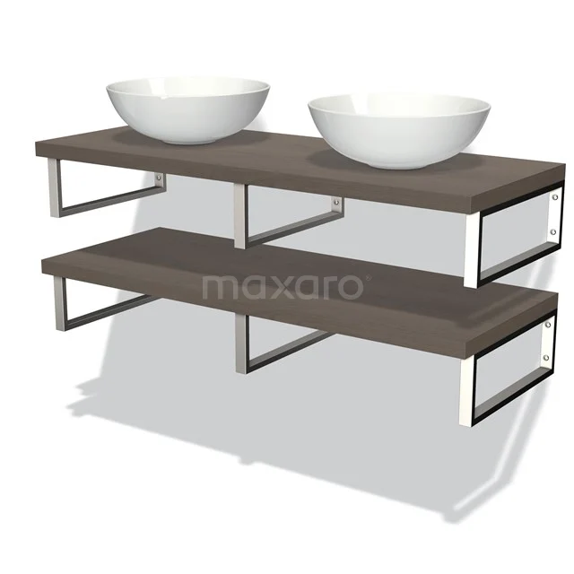 Houten badkamermeubel met dubbele waskom, donkerbruin eikenhout en metalen accenten, ideaal voor een moderne badkamerstijl.