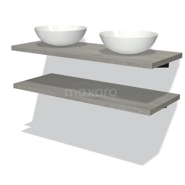 Wandregalset Holzoptik mit Waschbecken, graue Badmöbel mit modernen schwebenden Regalen, ideal für Badezimmerlagerung.