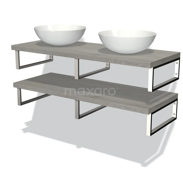 Grau Holz Badmöbel mit doppelten weißen Aufsatzwaschbecken, Schwarz Metallrahmen, modernes Design.